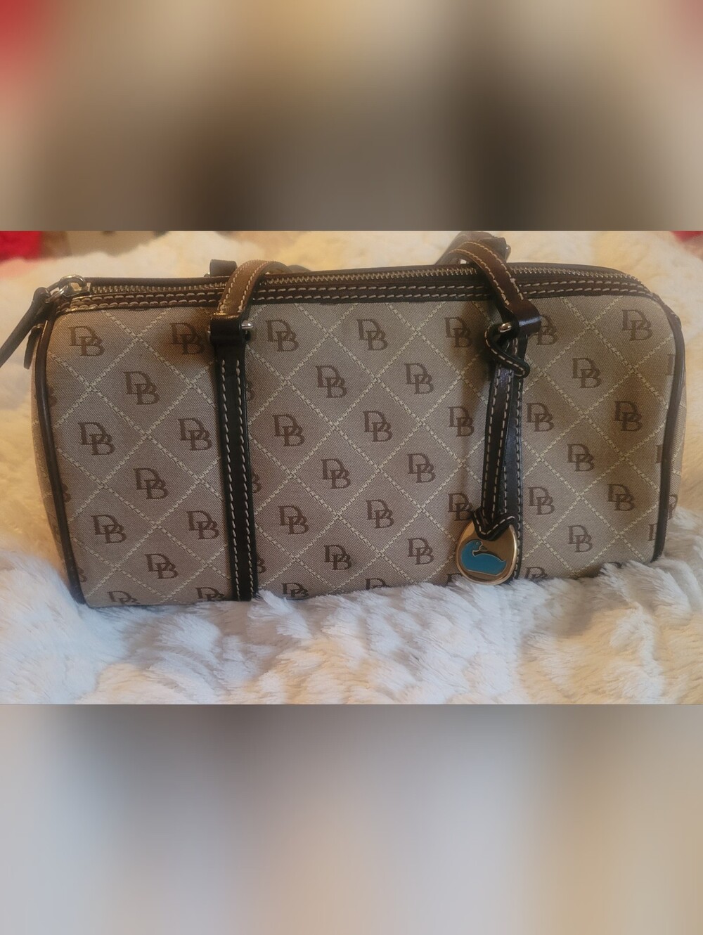 Vintage Y2K Dooney & Bourke Signature Canvas Barrel Bag Satchel - Beige & Brown